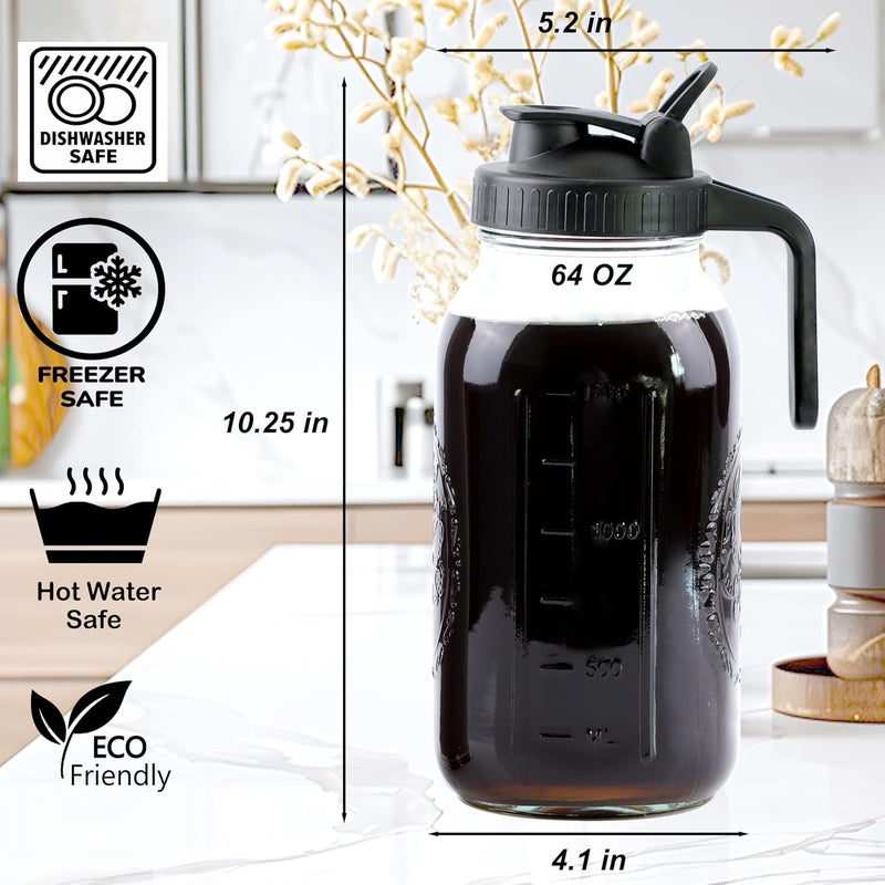 GMSWEET Cold Brew Coffee Maker 64 Oz Mason Jar Iced Coffee Maker 2 Set Half Gallon Glass Pitcher With Pour Spout Lids 2 Quart Wide Mouth Cold Brew Pitcher With Strainer For Fridge, Lemonade, Cold Brew, Milk - Image 5